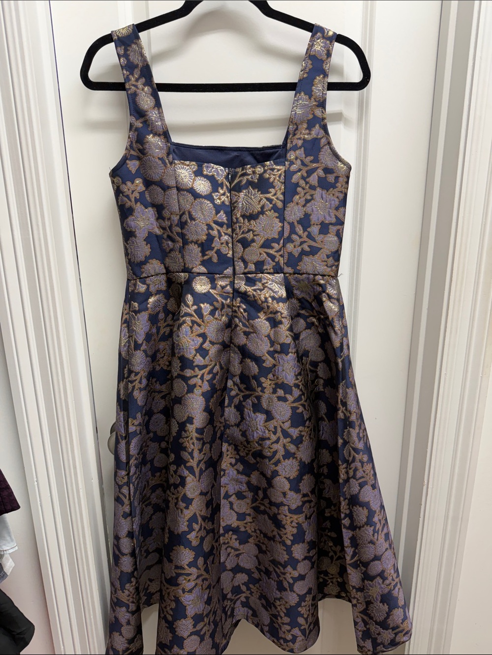 Francesca's Collections Navy and Gold Floral Brocade A-Line Dress - Picture 2 of 3